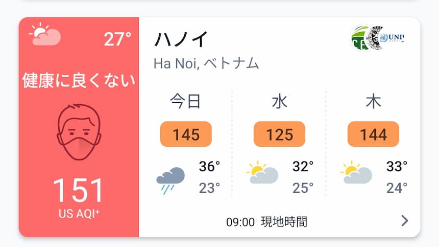 IQAirアプリのハノイの大気汚染を表示する画面