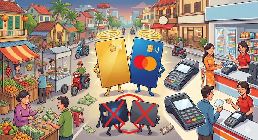 ベトナムで使えるクレジットカードの違い（Visa・Mastercardは使えるがAmexは使えない場面があることを示すイラスト）