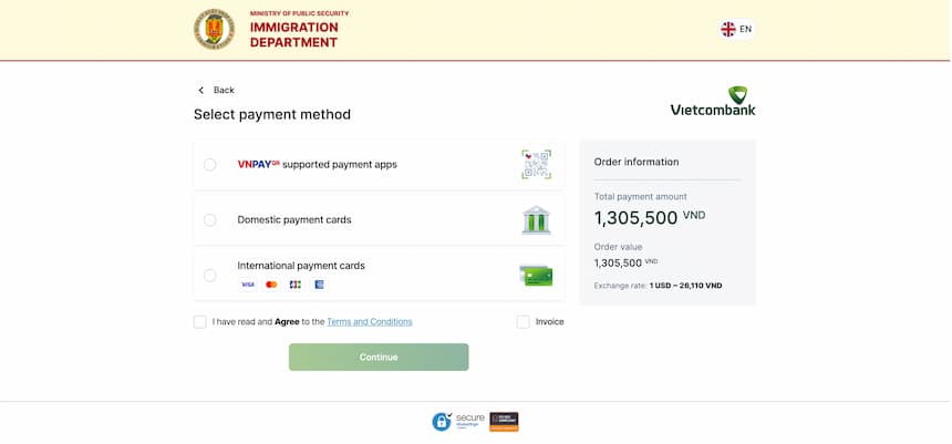 ベトナムe-Visa申請時の支払い画面。国際クレジットカード(Visa・Mastercard・JCB・American Express)を選択する画面