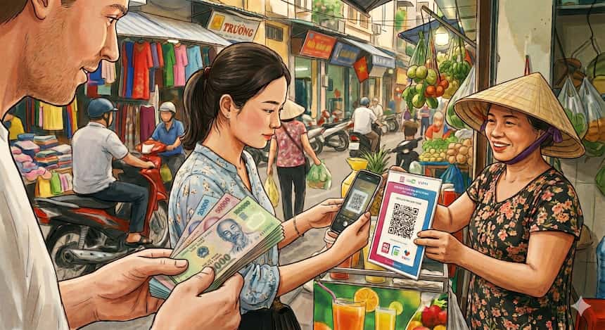 ベトナムの市場でQRコード決済を利用する様子。現地では銀行口座ベースのスマホ決済が主流であることを示すイラスト