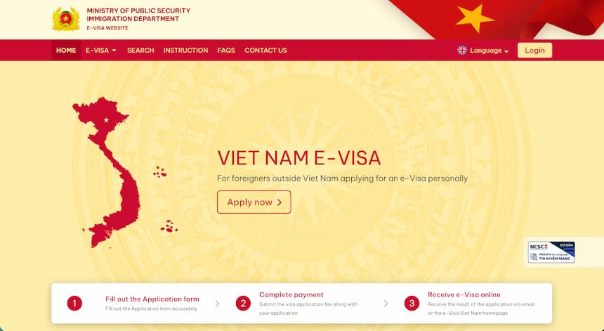 ベトナム政府公式e-Visa申請サイトのトップページ