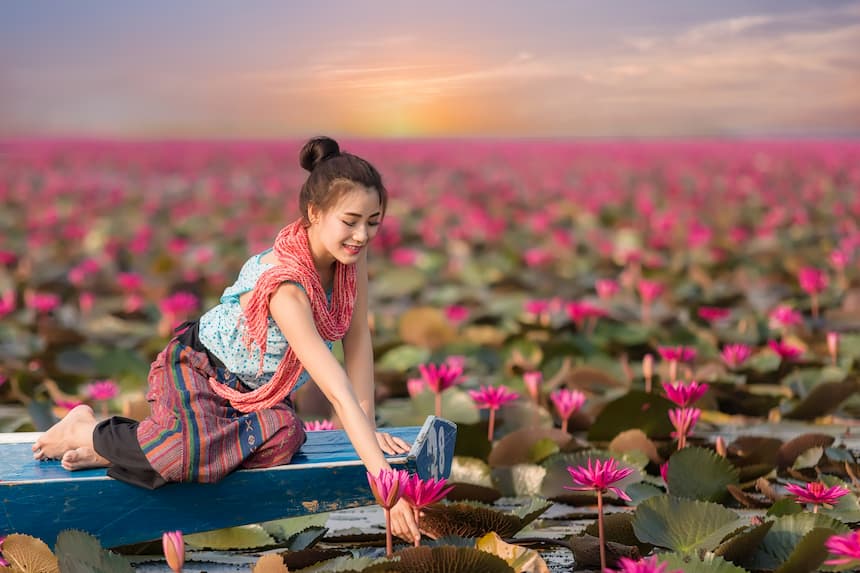 ベトナムの蓮畑で花に触れるベトナム人女性の様子