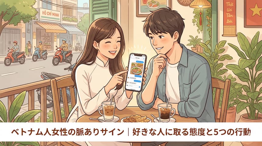 ベトナム人女性がスマートフォンを日本人男性に見せているイラスト。