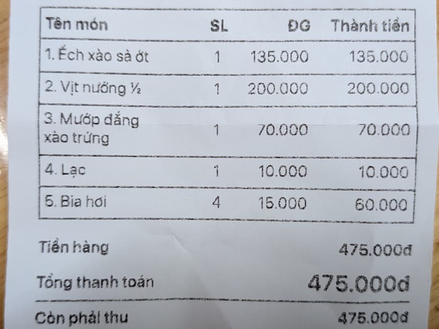 ビアホイ屋のレシート（合計475,000ドン）