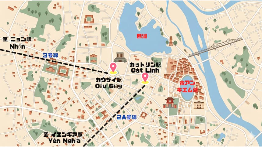ハノイメトロ2A号線と3号線の位置関係を示すイラストマップ。2路線は物理的に接続しておらず、主要観光地（西湖・ホアンキエム湖）もメトロ沿線から離れていることがわかる