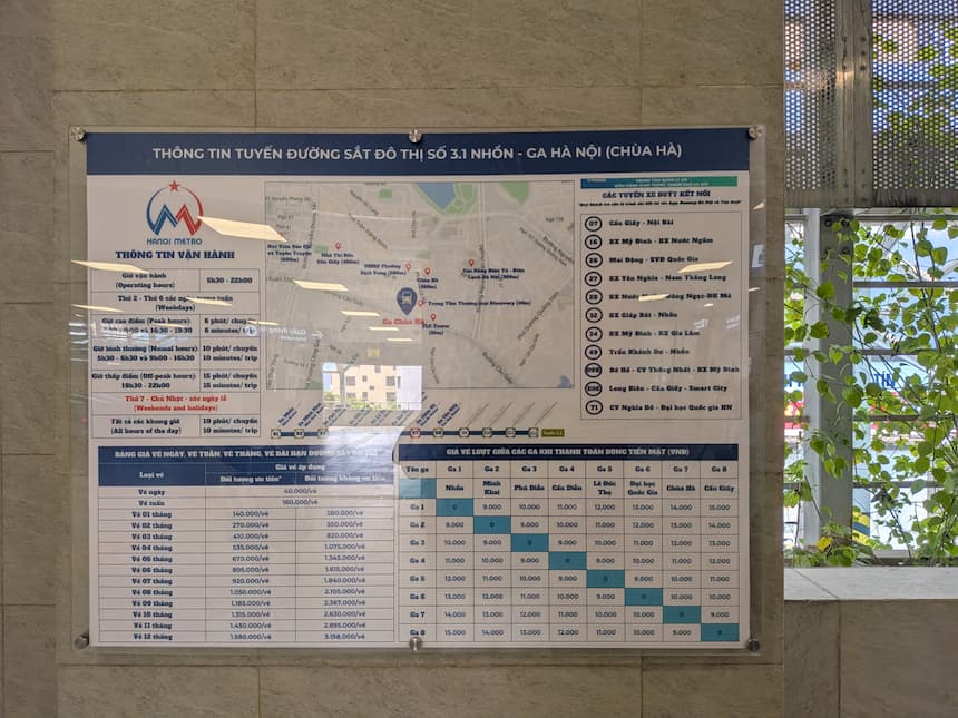 Cầu Giấy駅構内に掲示されている3号線の駅間運賃マトリックス表
