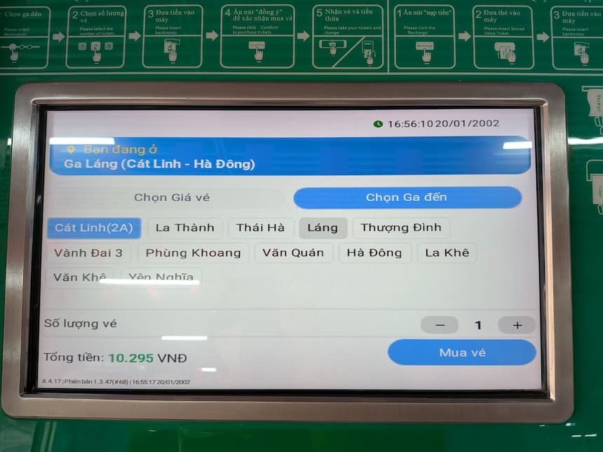 Láng駅の券売機画面。Cát Linh駅までの料金が10,295 VNDと表示されている