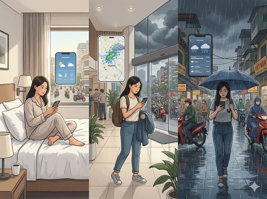 ベトナムでの天気確認の流れ（朝・外出前・外出中）を示したイラスト