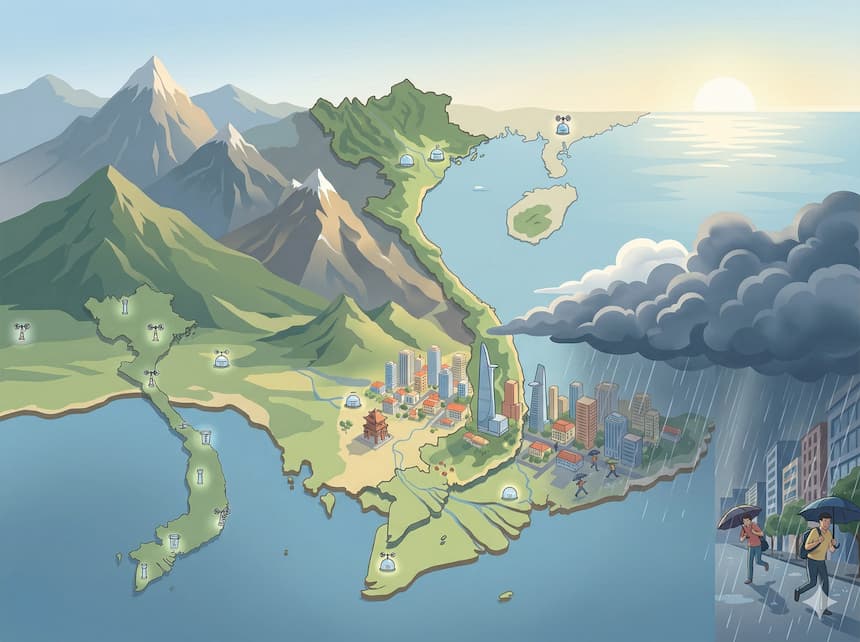 ベトナムの天気予報が当たらない理由を示すイラスト（山岳地形・少ない観測点・都市での突然のスコール）
