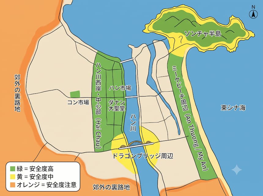ダナンのエリア別治安マップ｜ミーケビーチ周辺とハン川西岸・中心部が安全度高、ドラゴンブリッジ周辺とソンチャ半島が安全度中、郊外の裏路地が安全度注意