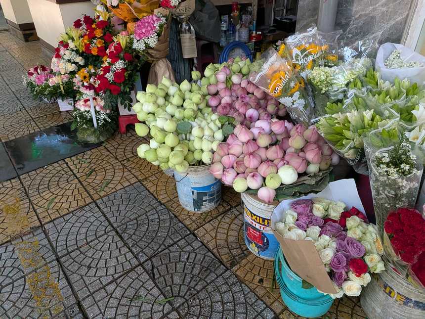 蓮（ハス）のつぼみが束で並ぶベトナムの花の露店。緑とピンクの蓮のつぼみがバケツに山盛り