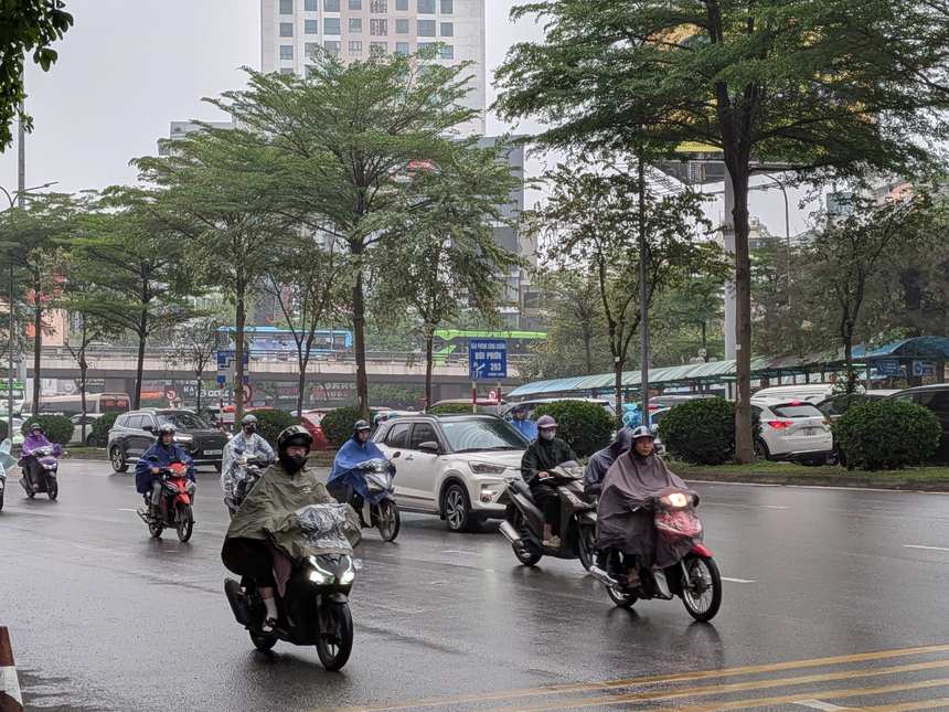 雨に濡れた路面を、レインコートを着た多数のバイクが走り抜けるベトナムの都市の交差点。