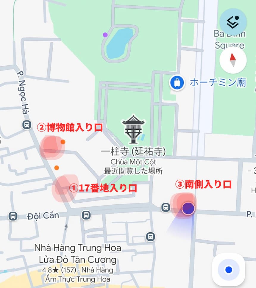 ホーチミン廟の3つの入口の位置図。17 Ngọc Hàの見学者用入口、博物館入口、南側入口の場所を示した地図
