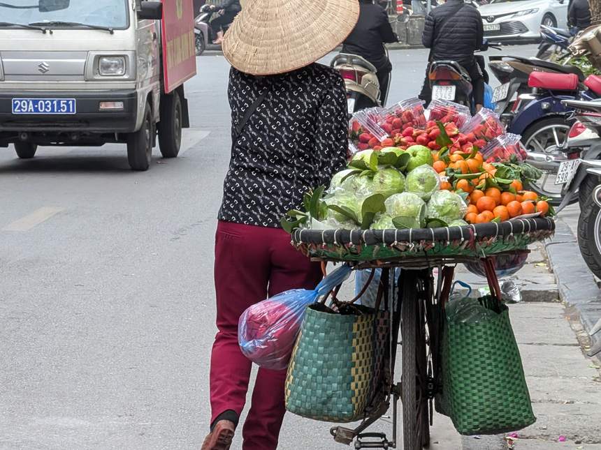 自転車に野菜や果物を積んで売り歩く、ノンラーをかぶったベトナムの行商人