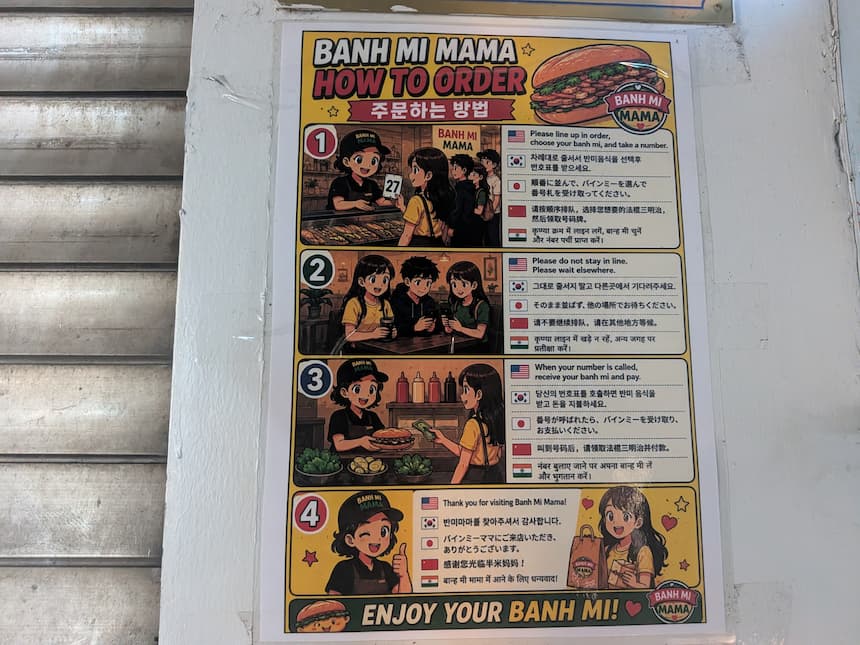 ハノイのバインミー店「Bánh Mì Mama」の店頭に貼られた多言語の注文手順の案内板