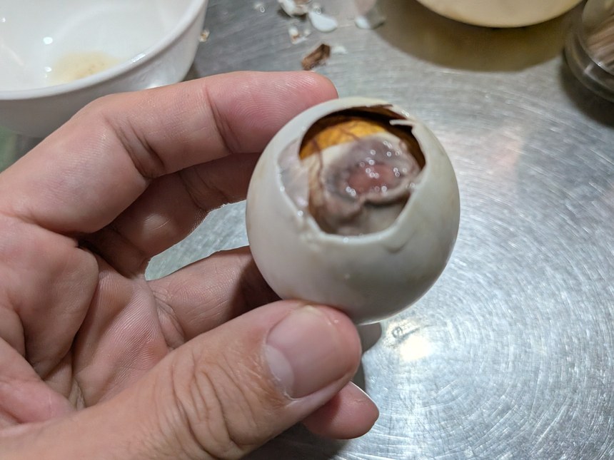 殻の上部を割って中を覗いたホビロン。黄身と雛の部分が見えている