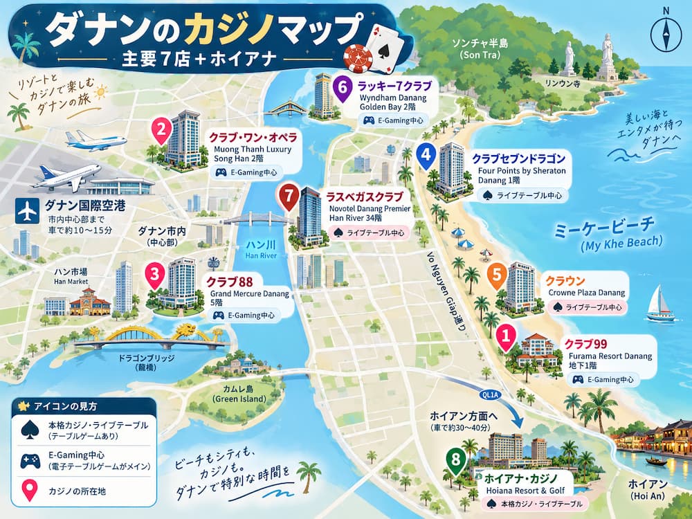 ダナンの主要カジノ7店とホイアナの位置を示したイラスト地図