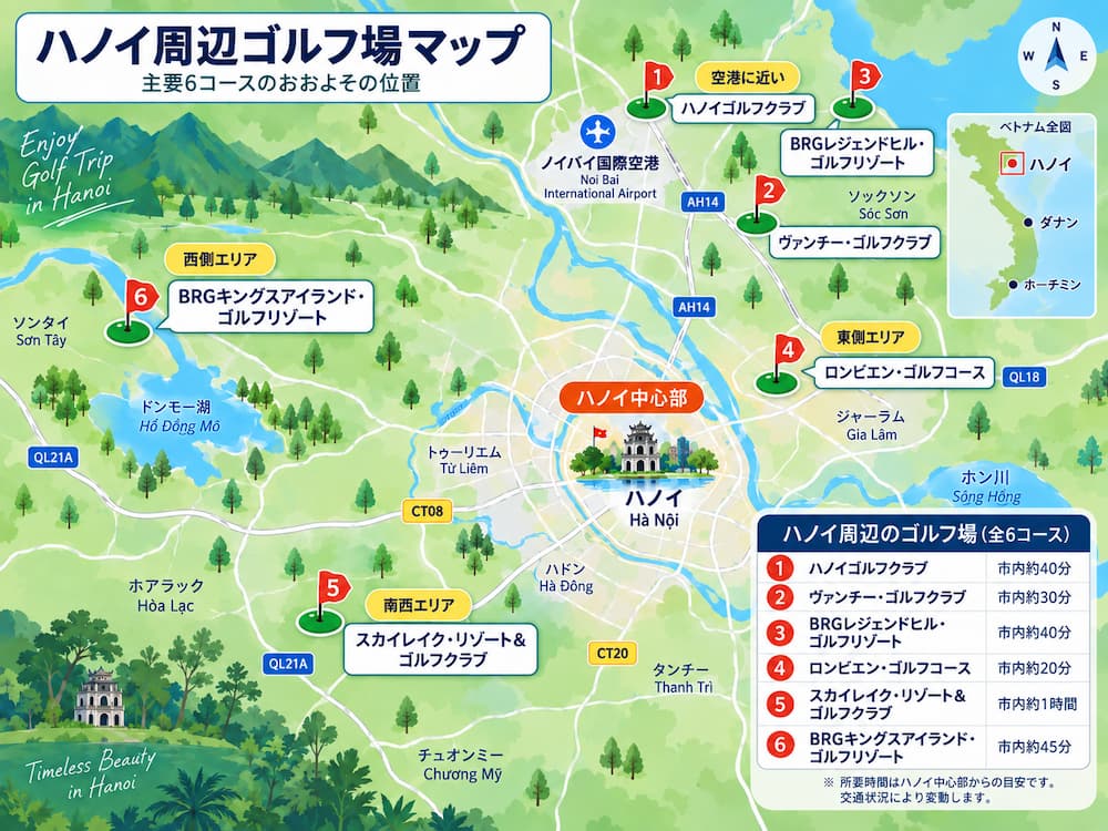 ハノイ周辺の主要ゴルフ場6コースの位置をまとめた地図