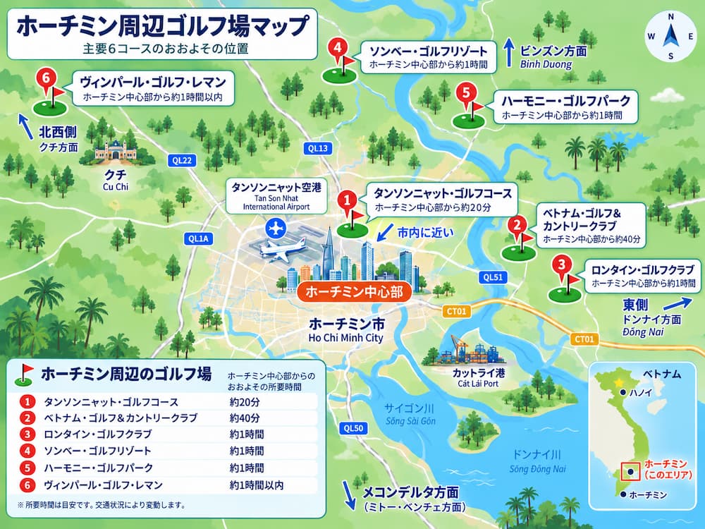 ホーチミン周辺の主要ゴルフ場6コースの位置をまとめた地図