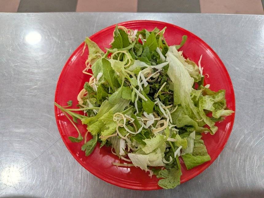 ミークアン1Aでミークアンと一緒に出てきた生野菜の皿。赤い皿にレタスや香草が山盛り