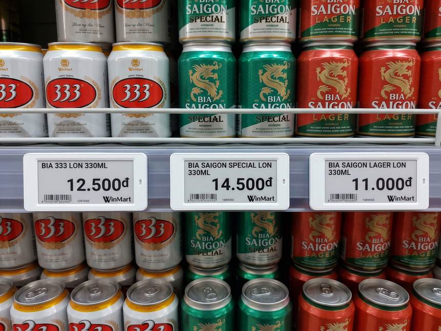 WinMartで撮影した333、サイゴンスペシャル、サイゴンラガーの電子値札