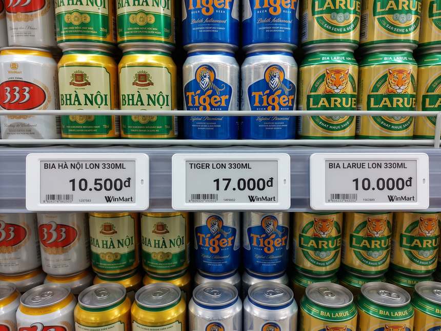 WinMartで撮影したハノイビール、タイガー、ラルーの電子値札